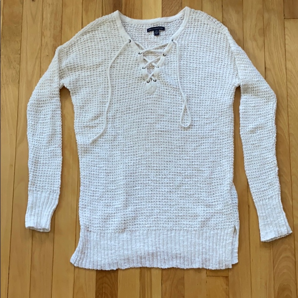 AEO White waffle knit lace up sweater